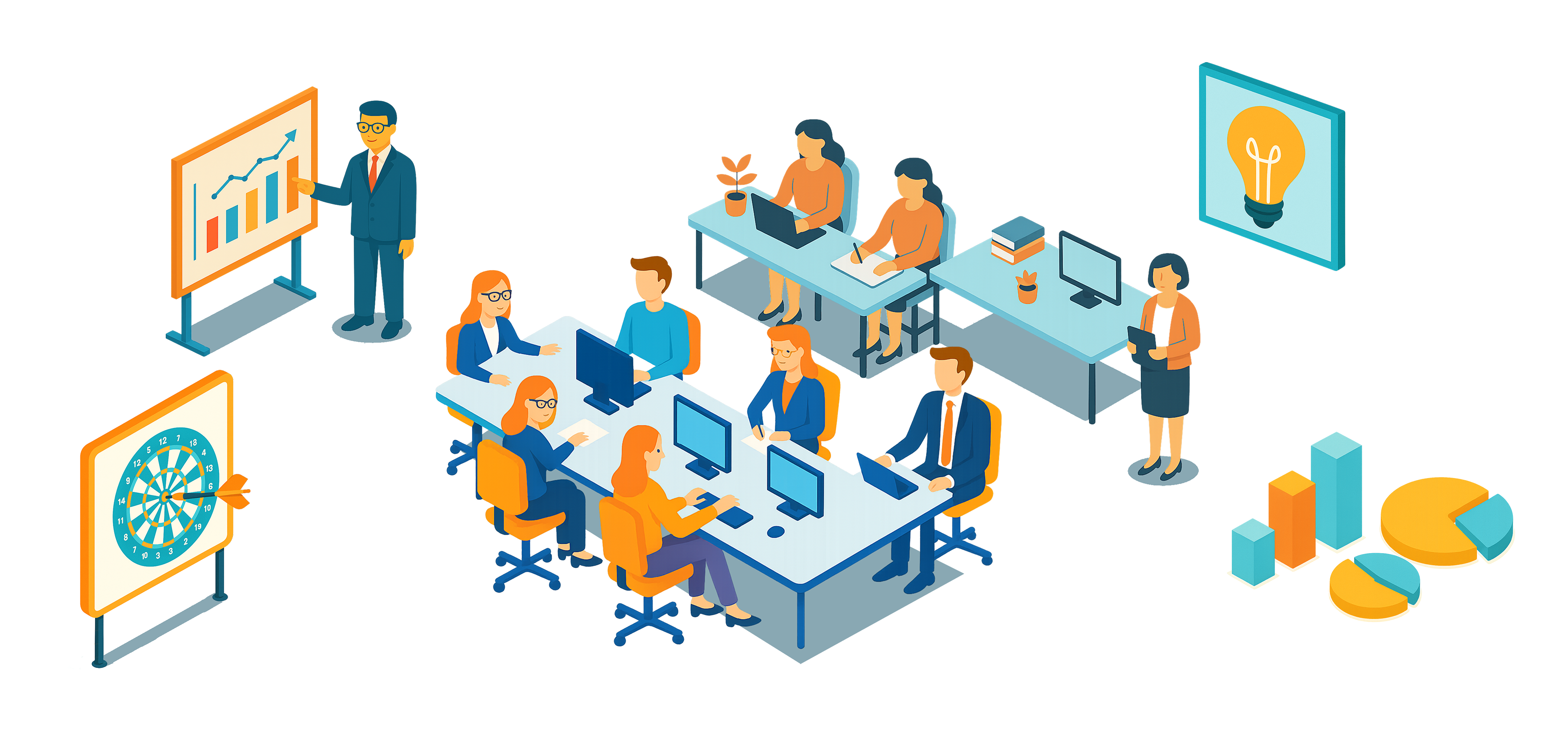 Ilustração de pessoas trabalhando com infográficos